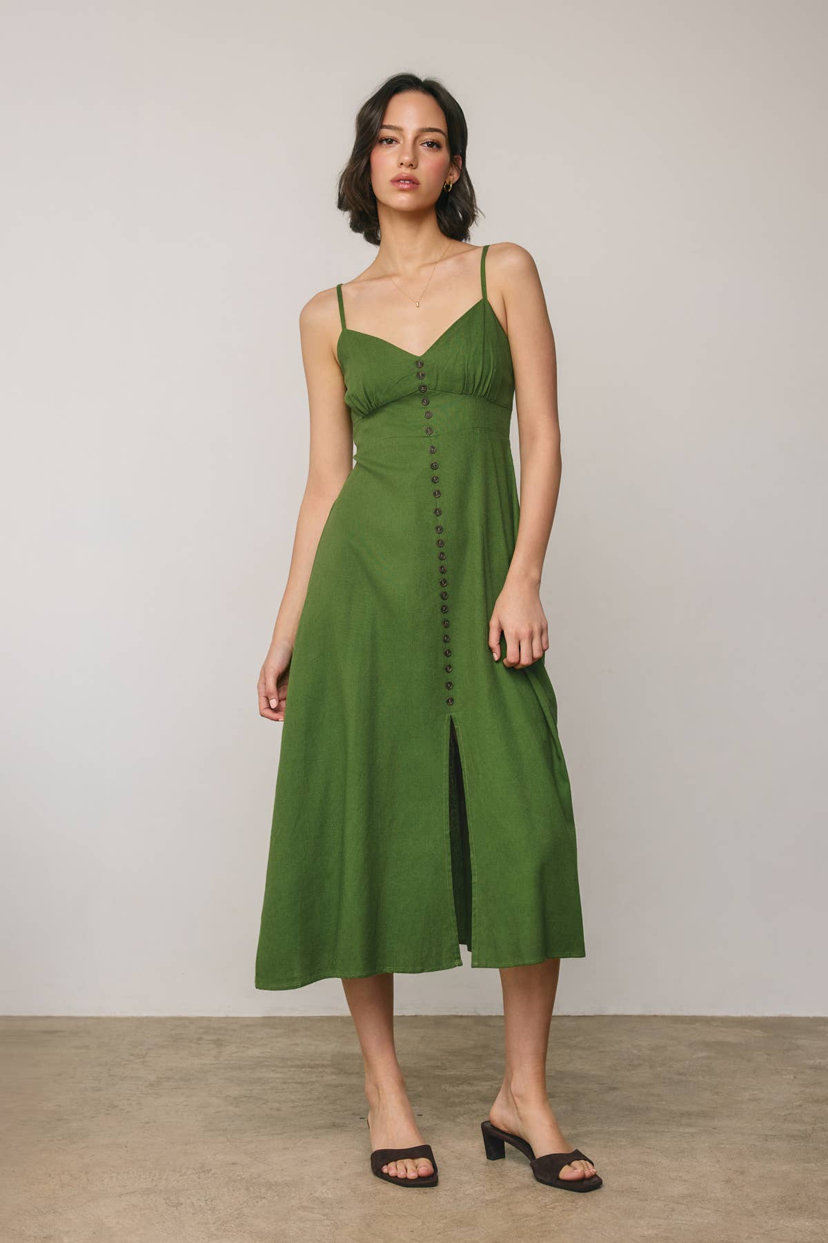 Linen Shirred Bust Button Midi Dress