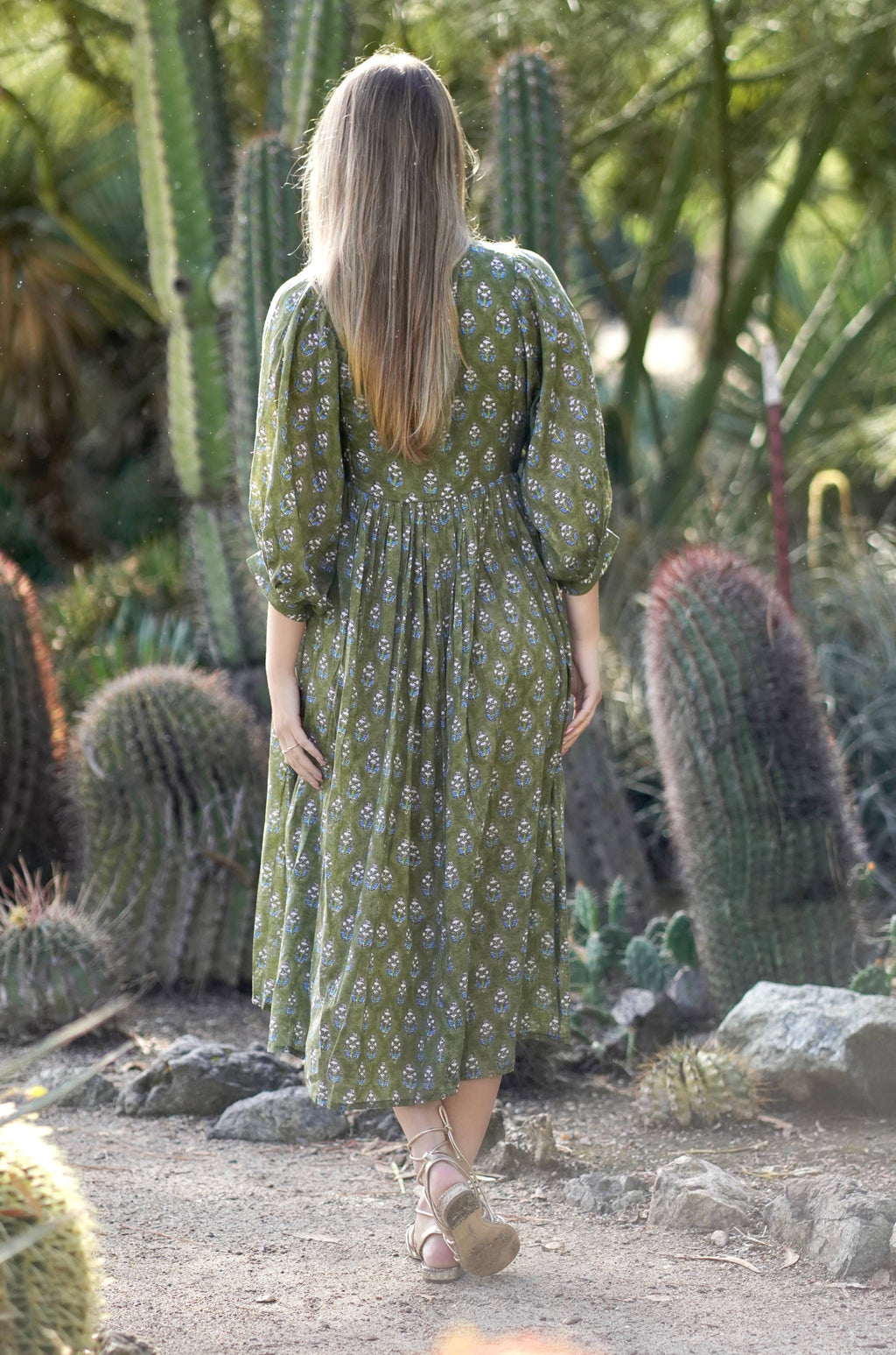Mylah Midi Dress Block Printed Olive Cotton