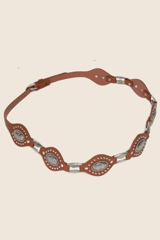 Faux Leather Oval And Concho Chain Belt