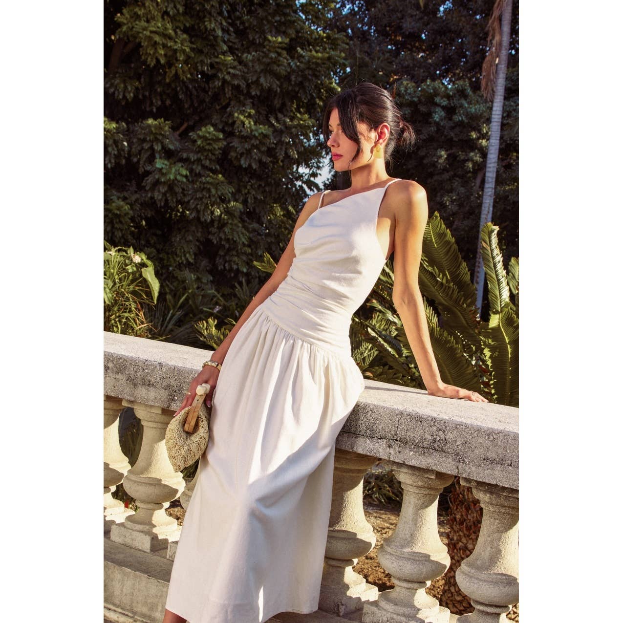 Linen Drop Waist Ruched Maxi Dress