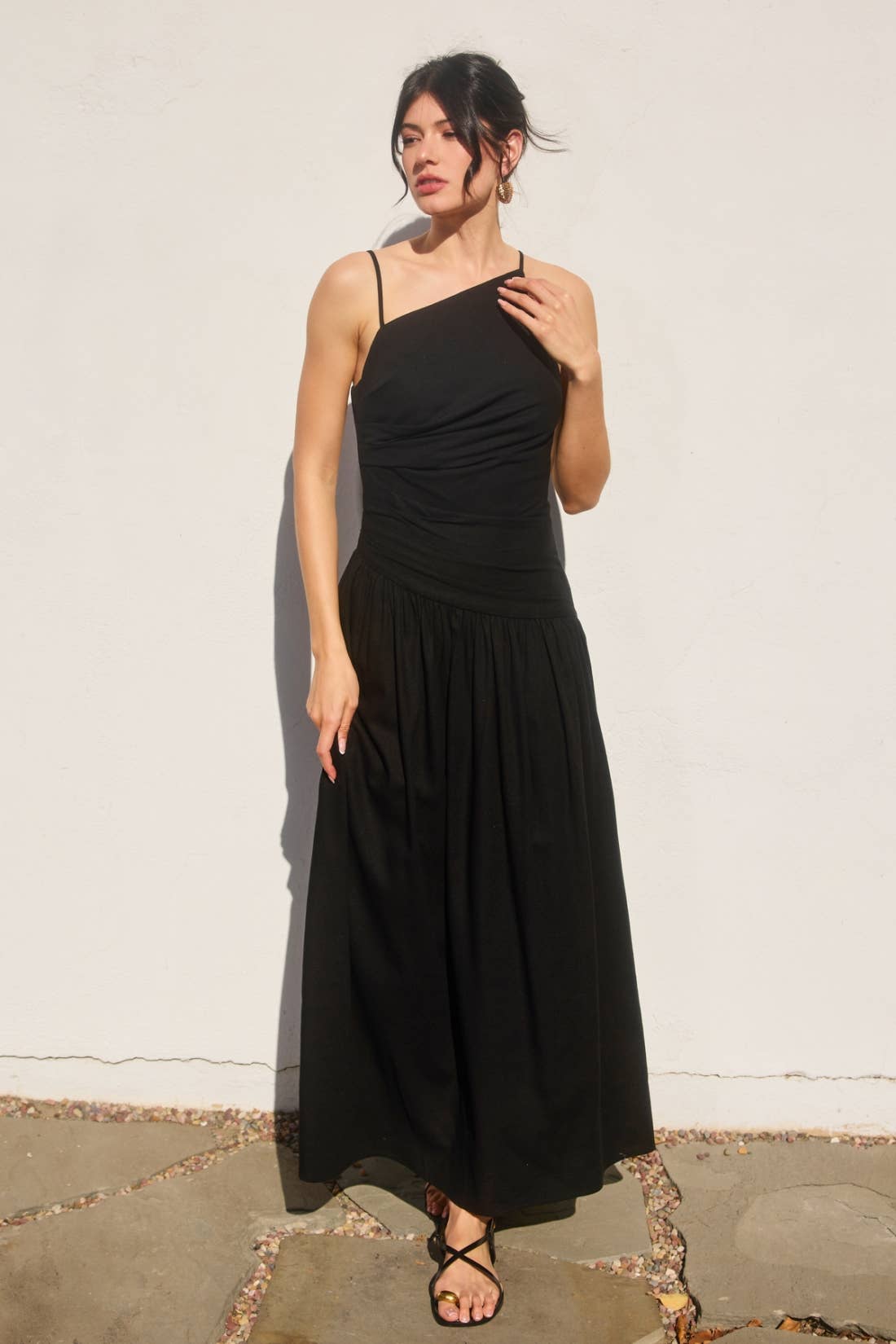 Linen Drop Waist Ruched Maxi Dress