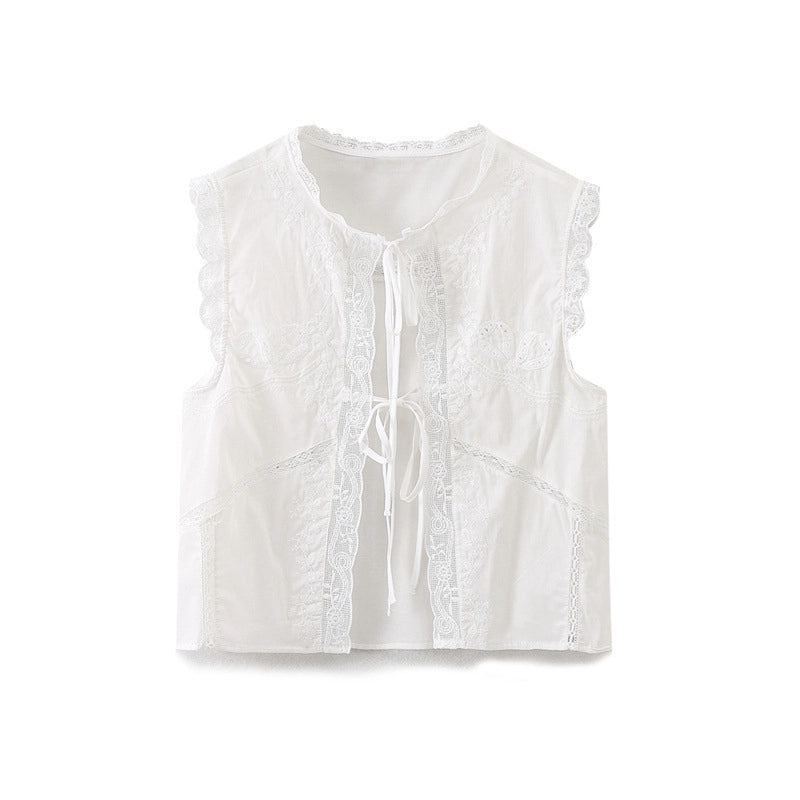Embroidered Lace Sleeveless Tie-Up Top