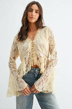 Lace Button-Down Blouse with Flared Sleeves