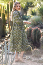 Mylah Midi Dress Block Printed Olive Cotton