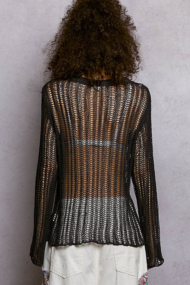 Round Neck Open-Knit Long Sleeve Sheer Sweater Top