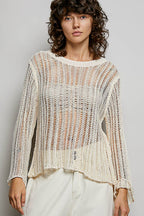 Round Neck Open-Knit Long Sleeve Sheer Sweater Top