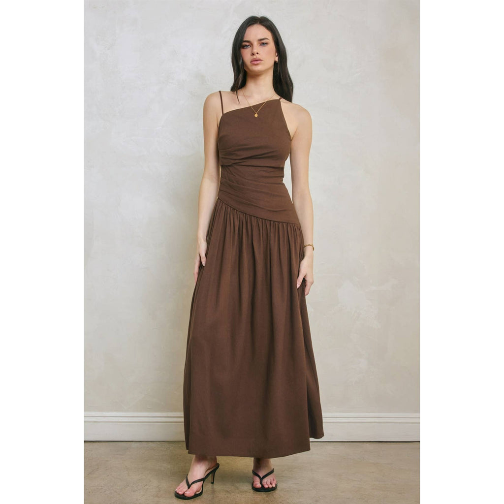 Linen Drop Waist Ruched Maxi Dress