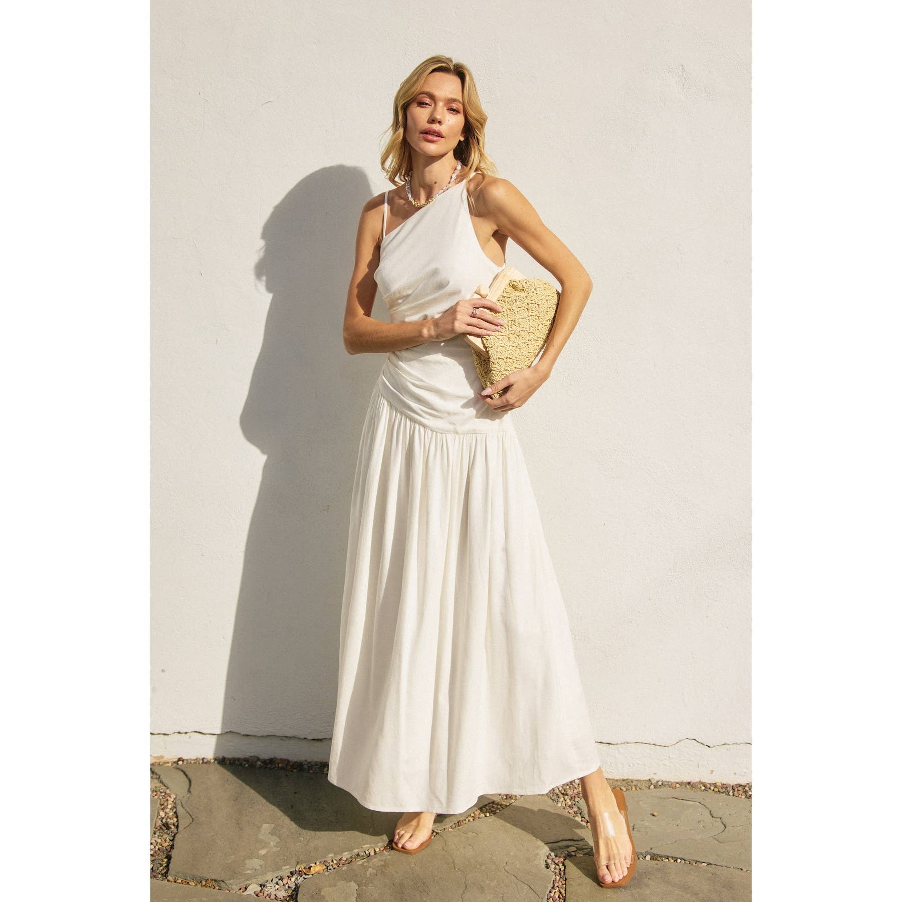 Linen Drop Waist Ruched Maxi Dress