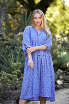 Mylah Midi Dress Block Printed Cotton Blue